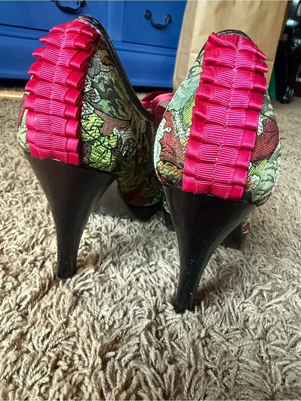 Poetic License Floral Brocade Peep-Toe Heels with Fuchsia Satin Laces